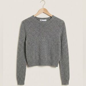 ZARA 100% Wool Grey Crewneck Sweater Fitted Crop Minimalist Knit Top Small S